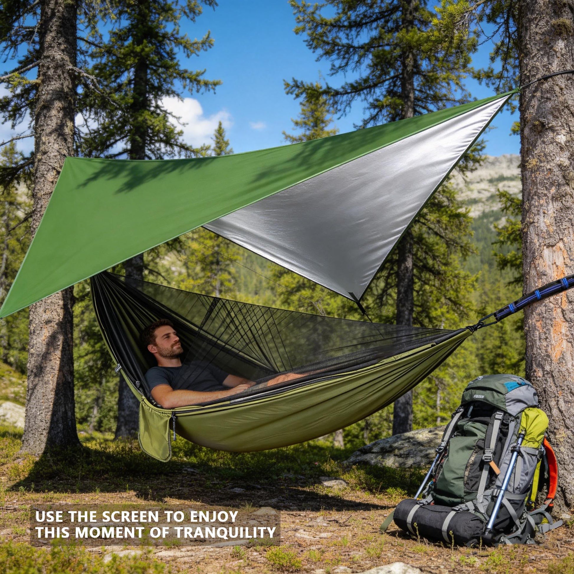 Ovyuzhen Camping Hammock with Rain Fly Tarp Mosquito Net Heavy Duty Tree Straps Portable Double