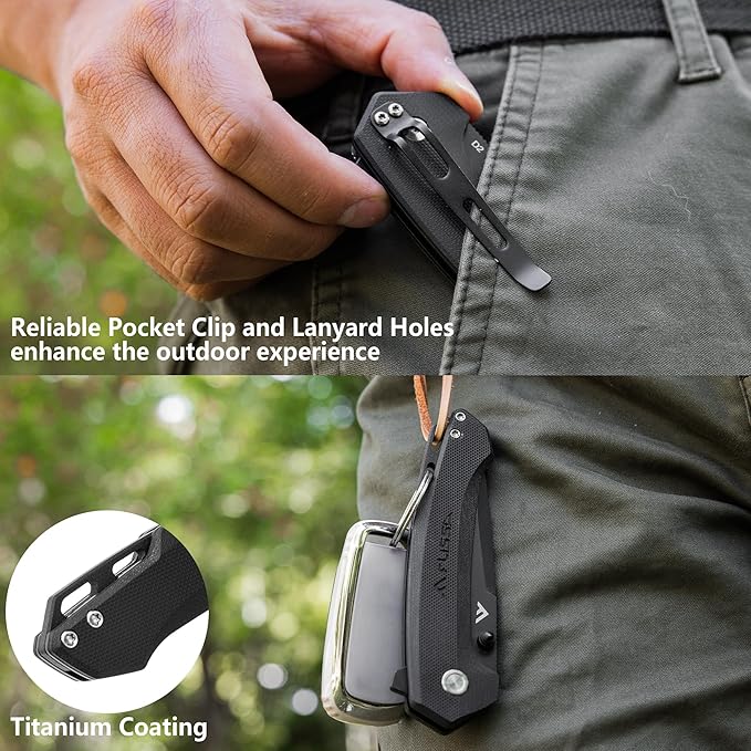 FLISSA Pocket Folding Knife, 3.2??D2 Blade G10 Handle EDC Knife with Button Lock and Pocket Clip for Hunting, Camping, Survival, Outdoor Activities(Black)