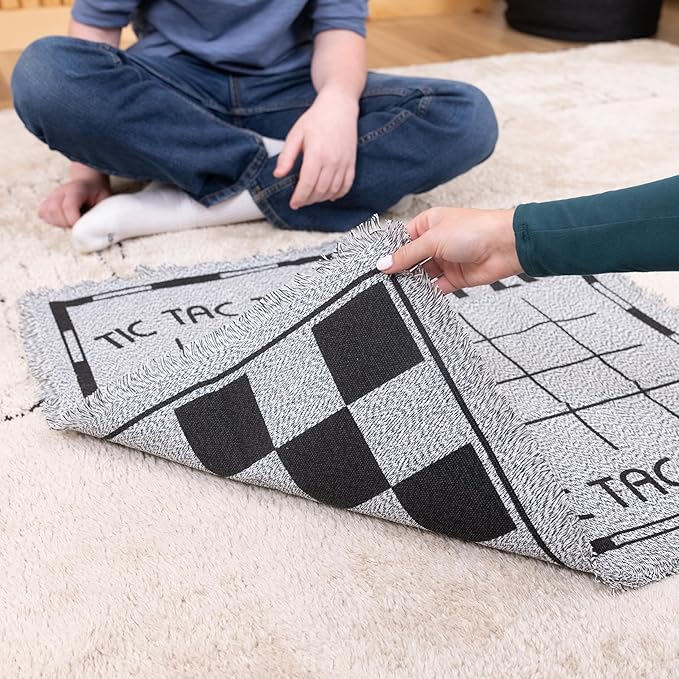 3-in-1 Vintage Giant Checkers Set, Tic Tac Toe with Reversible Mat, 24 Jumbo Chips, Family Board Game, Lawn Game, BBQ Party Favor, Indoor and Outdoor Activity for Kids and Adults