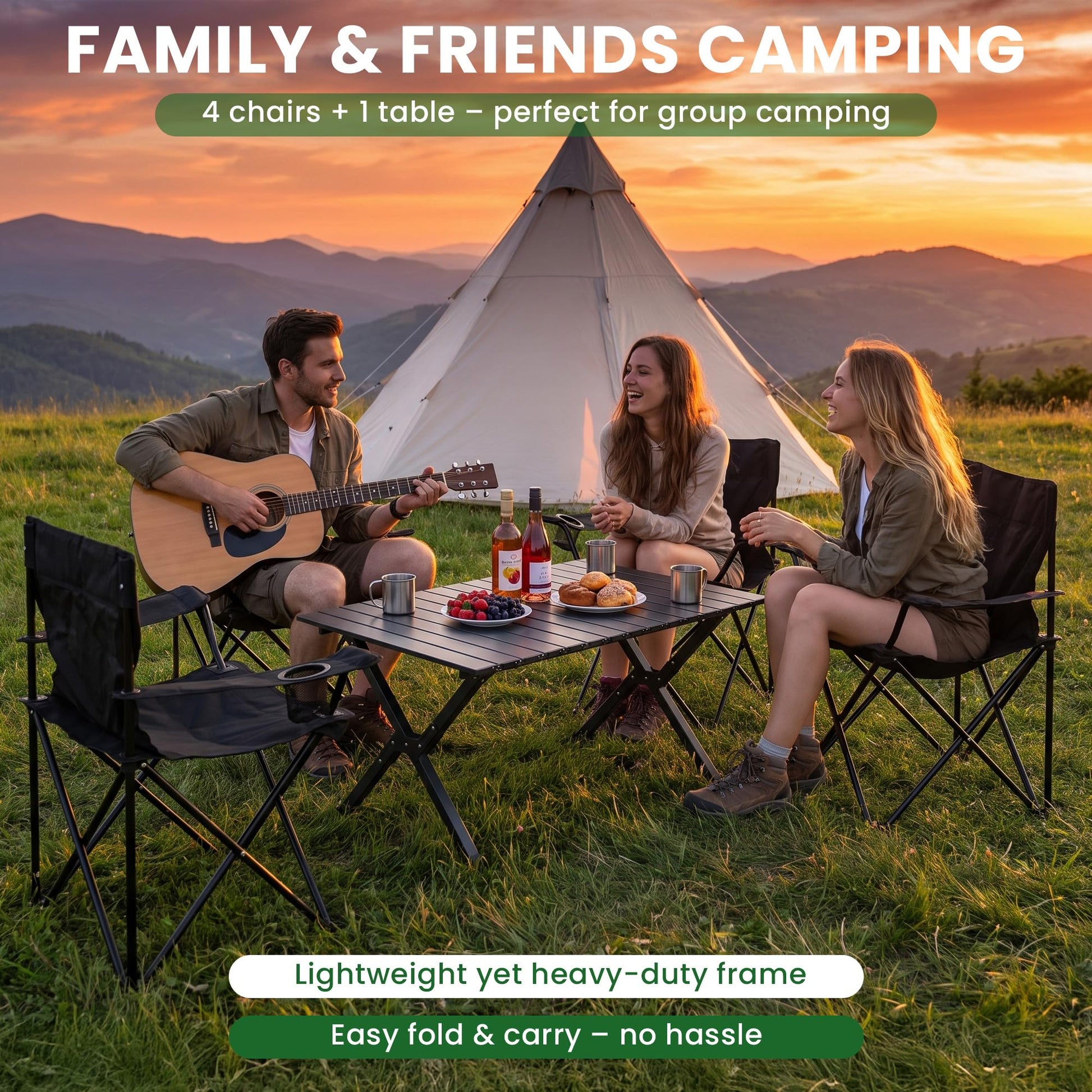 Geisoun 4 Pack Folding Camping Chairs with Table Set, Foldable Portable Lawn Chairs with Carry Bag