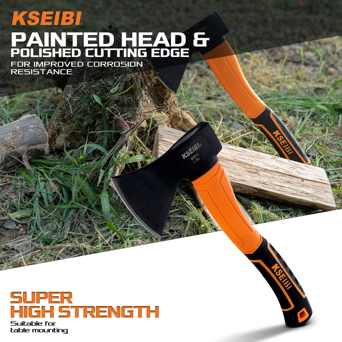 KSEIBI Wood Axe, Small Outdoor Camp Hatchet for Splitting and Kindling Wood, Forged Steel Blade
