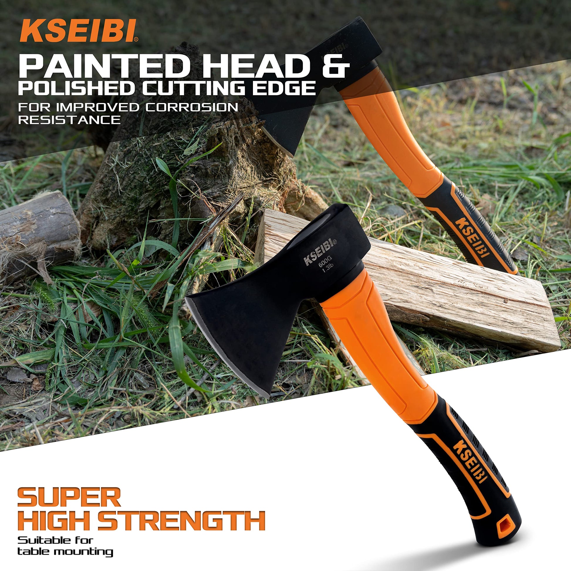 KSEIBI Wood Axe, Small Outdoor Camp Hatchet for Splitting and Kindling Wood, Forged Steel Blade