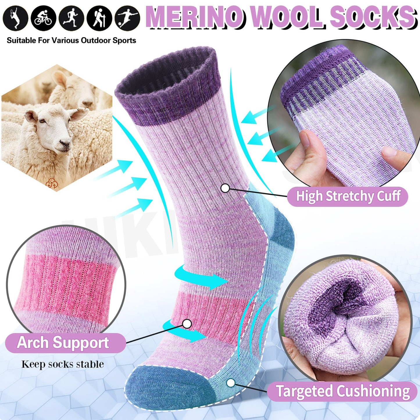 SAVALOS Merino Wool Hiking Socks for Women Thermal Warm Winter Cozy Work Crew Gifts Socks 5 Pairs
