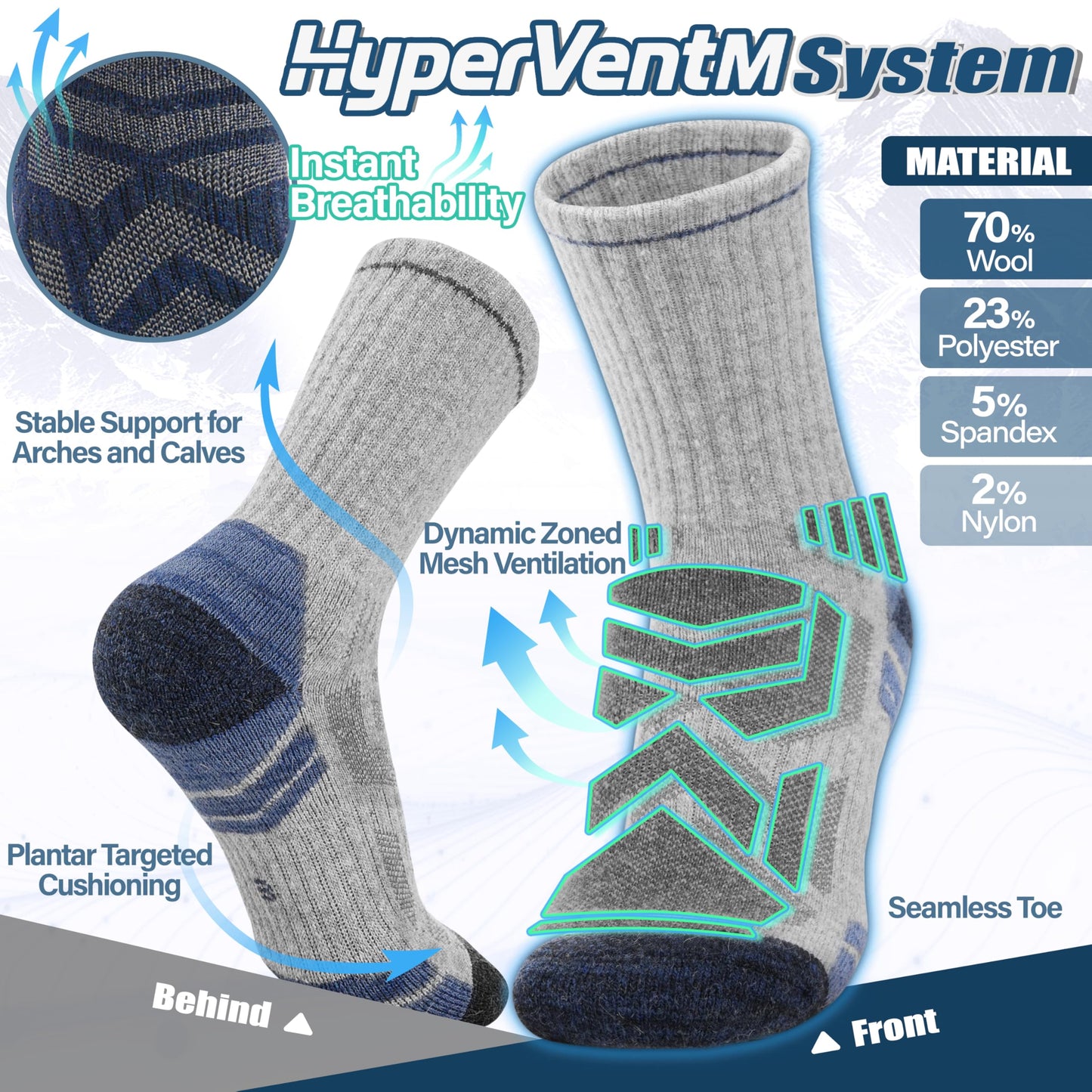 ANTSANG Merino Wool Hiking Socks, Enhanced Breathability, for Men and Women