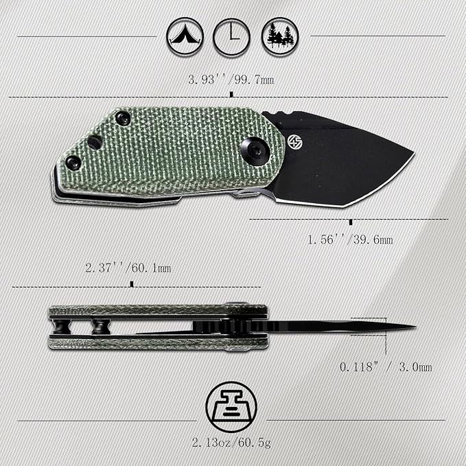 KANSEPT RIO Mini Pocket Folding Knives EDC Camping Folding Knife 1.56'' Black Stonewashed M390 Blade Pocket EDC Knife with Green Micarta Handle Everyday Carry K3044A2