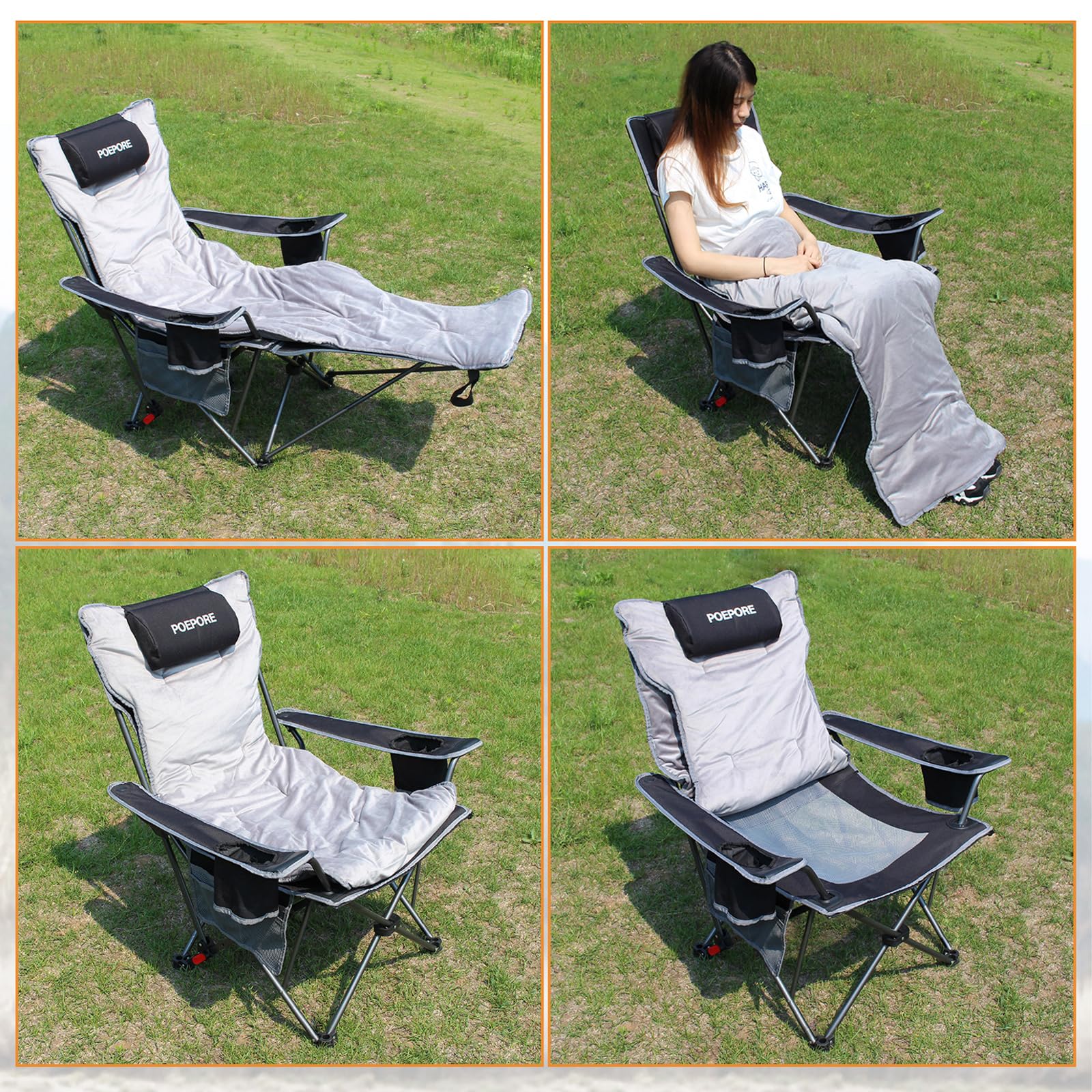 POEPORE Reclining Camping Chair with Removable Footrest Lounge Chair with Headrest, Cotton Cushion