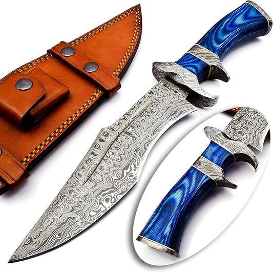 NOORAKI - 15??Damascus Bowie Knife with Sheath | Hand Made Hunting Knife - Fixed Blade Long Bowie Knives - Ideal for Survival ,Chopping, Camping, Outdoor Gift for Men |Tactical Knife Wood Handle (Blue)