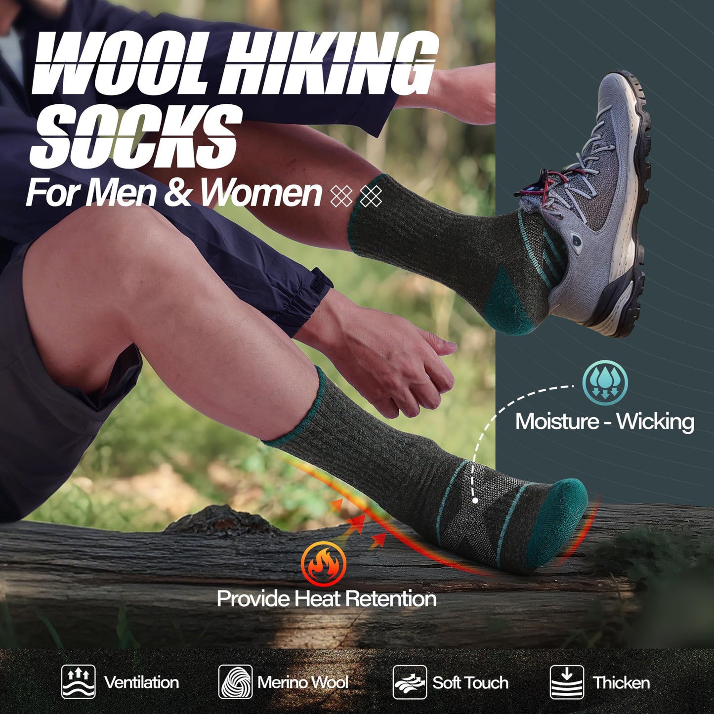 ANTSANG Merino Wool Hiking Socks, Crew Boot Work Socks for Men Women