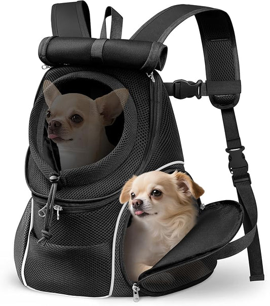 YUDODO Dog Front Carrier Backpack with Sunshade Hood, 2 Head-Out (Front & Side) Breathable Pet Carrier for Small Dogs, Ventilated Lightweight Doggy Backpack for Hiking Outdoor (Upgraded– Jet Black, M)