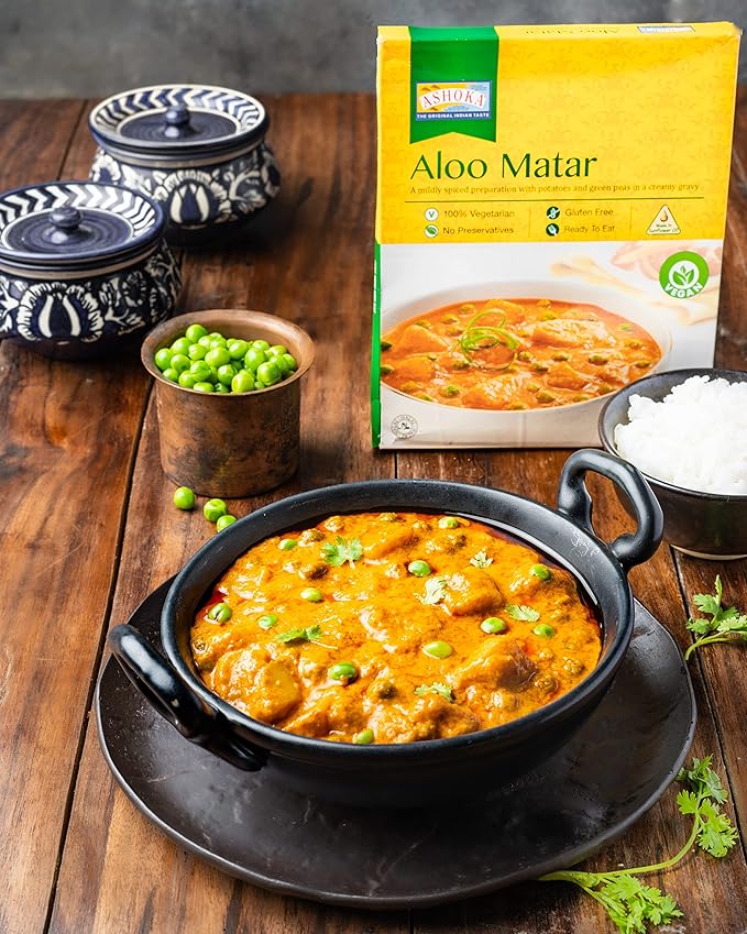 Ashoka Instant Meals 1932, All-Natural Vegan Potatoes & Peas, Kosher Certified Microwaveable Meals, Ready to Eat Indian Food, Aloo Matar, Flavorful Lunch Meal, No Preservatives, Pack of 10