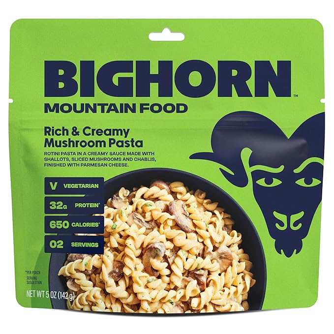 BIGHORN Mountain Food Vegetarian Creamy Mushroom Pasta - contains 6 packs | 12 servings | 192g Protein | 3,900 Calories - premium freeze dried meals for backpacking food - vegetarian backpacking meal - ideal camping meals just add water - great taste
