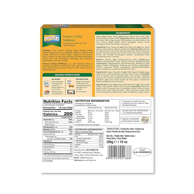 Ashoka Meals 1932, Tofu Curry, Plant-Based Gluten Free Meals, All-Natural, Ready to Heat Paneer Makhani, Kosher Certified, Authentic Indian Cuisine, Healthy Work Lunch, No Preservatives, Pack of 10
