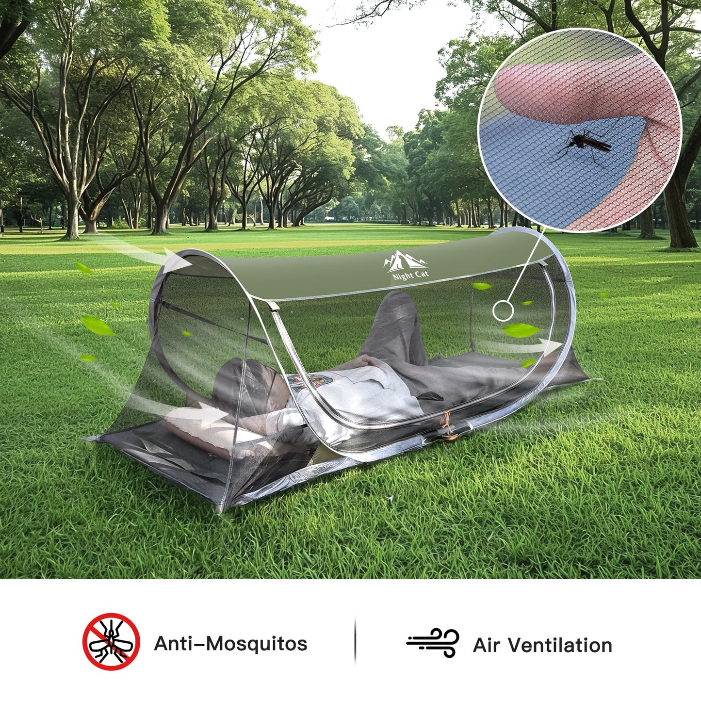 Night Cat Pop-up Mosquito Tent: 1 Person Camping Tent with Bug Screen Net Easy Set-up Tent Fits for