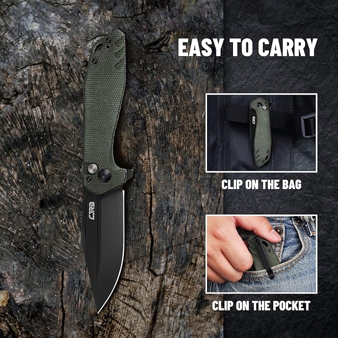 CJRB CUTLERY Folding Knife Riff (J1928) Button Lock Pocket Knife for Men Black PVD AR-RPM9 Steel Blade and Green Micarta Handle for Work Outdoor Hinking Camping