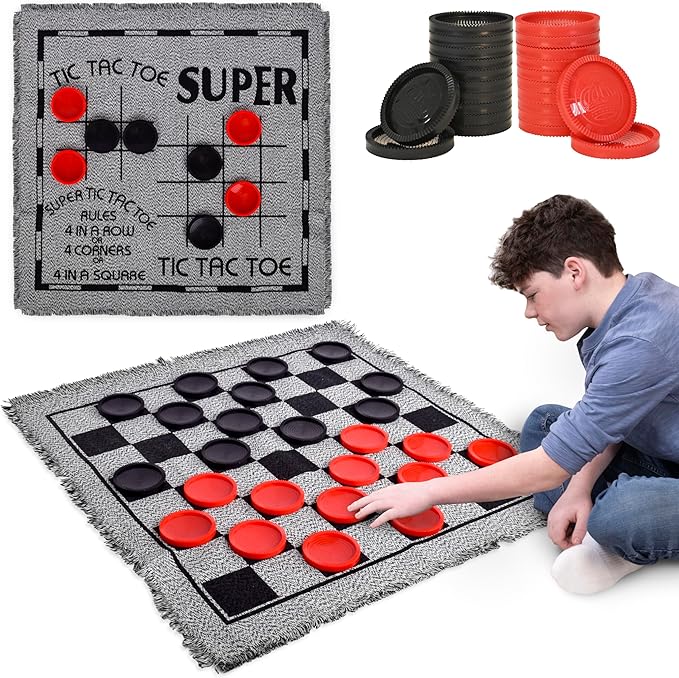3-in-1 Vintage Giant Checkers Set, Tic Tac Toe with Reversible Mat, 24 Jumbo Chips, Family Board Game, Lawn Game, BBQ Party Favor, Indoor and Outdoor Activity for Kids and Adults