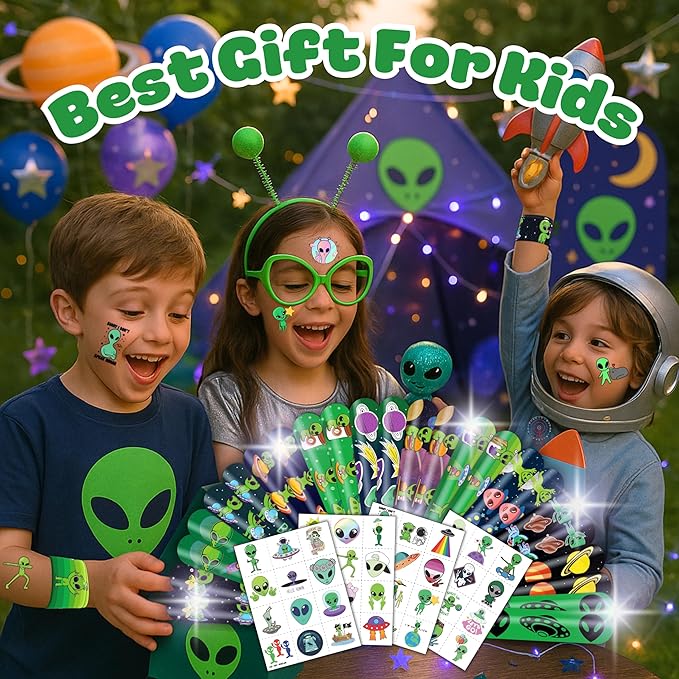 72 PCS Alien Party Favors 48 Tattoos Sticker and 24 Slap Bracelets Wristbands Perfect for Space Themed Birthday Baby Showers or Classroom Rewards Ideal Decor and Gifts for Girls and Boys