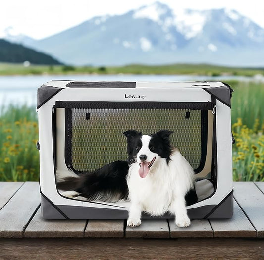 Lesure Collapsible Dog Crate - Portable Travel Kennel for Large Dog, 4-Door Pet Crate with Mesh Windows, Indoor & Outdoor, Light Gray