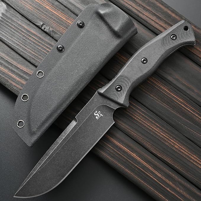 Sitivien ST22 Fixed Blade Knife 154CM Stainless Steel Blade Micarta Handle Full Tang EDC Tool Straight Knife for Working Camping Survival(Black)
