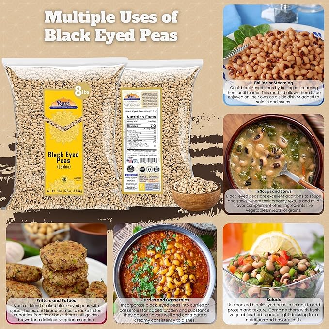 Rani Black Eyed Peas, Dried Cowpeas (Lobhia) 128oz (8lbs) 3.63kg Bulk ~ All Natural | Vegan | Kosher | Gluten Friendly | Product of USA