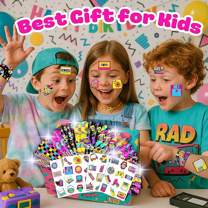 72PCS 90s & 80s Party Favors - 48PCS Pre-Cut Tattoos & 24PCS Slap Bracelets, Retro 90s Birthday Party Supplies Decorations, Ideal for Kids’ Classroom Prizes & Rewards for Boys & Girls
