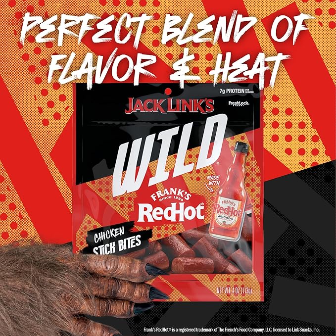 Jack Link's Wild Chicken Stick Bites Made with Frank's RedHot Flavor, Mini Meat Sticks, Shareable Under 100 Calories Snack Packs with 7g of Protein, Bulk Pack of Individual Bags – 4oz (8 Count)