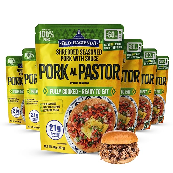 Old Hacienda Pork al Pastor | 100% Shredded Seasoned Pork with Sauce | Fully Cooked & Ready to Eat | 21g Protein | No Preservatives, Artificial Flavors or Colors | BPA Free Pouch | Pack of 6-8oz