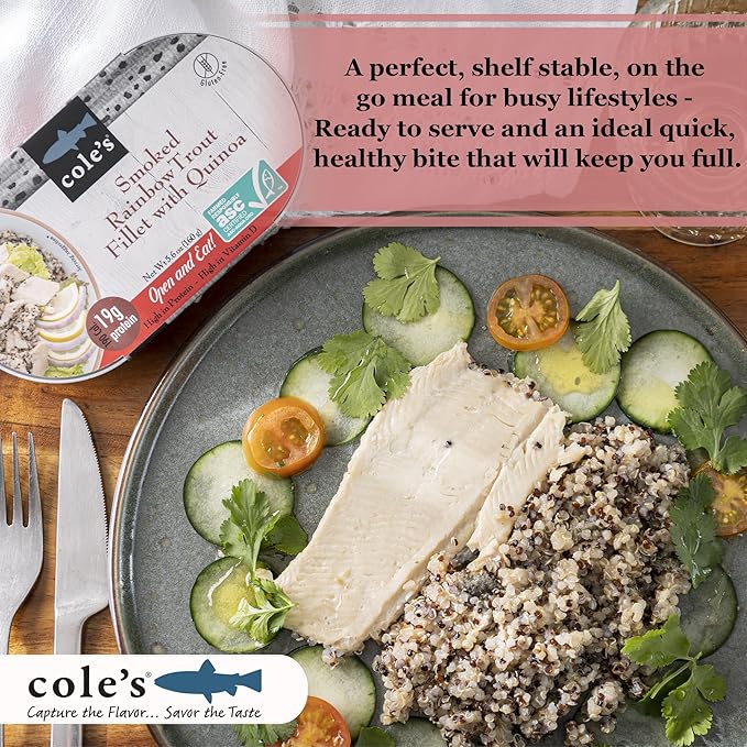 COLE’S - Smoked Rainbow Trout Fillet with Quinoa | Open & Ready to Eat Meal | 5.6 oz Canned & Hand-Packed | 19g Protein | High in Vitamin D | 6 pack