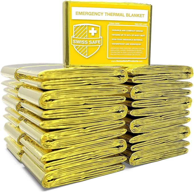 Swiss Safe 25 Pack Mylar Emergency Blankets for Survival - Compact & Insulated for Cold Weather - Designed for NASA, Outdoor, Running, Camping, Survival, First Aid Car Kit - Gold, 25 Pack