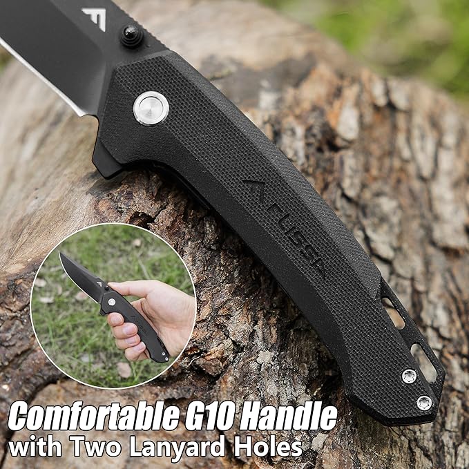 FLISSA Pocket Folding Knife, 3.2??D2 Blade G10 Handle EDC Knife with Pocket Clip Liner Lock for Hunting, Camping, Survival, Outdoor Activities(Black)