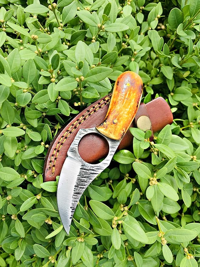 Titan International Knives Skinning Knife Carbon 1080 Steel | Small Handmade Hunting Fixed Blade | Burnt Bone Handle Knife with Leather Sheath | 3 Inch Blade Outdoors Camping Gear
