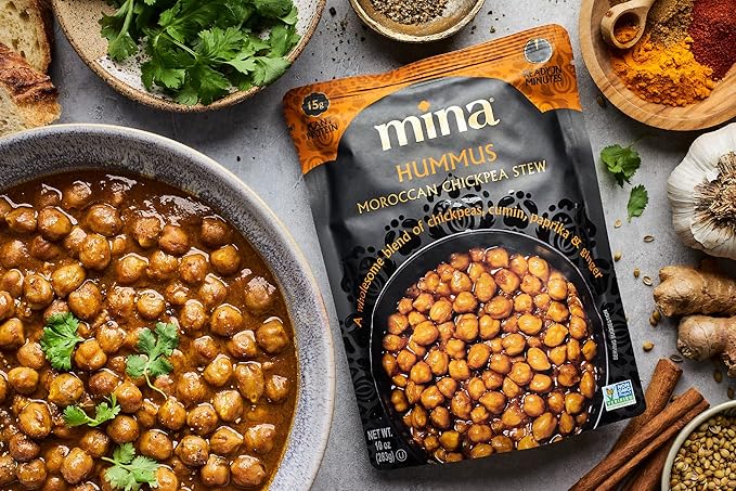 Mina Moroccan Chickpeas, Ready to Eat, Chickpeas High In Plant Based Protein, Vegan, Non-GMO, Gluten Free, Kosher, Microwavable, Packaged Meals & Side Dishes, 10 oz (Pack of 6)