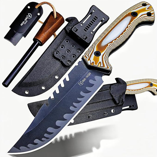 BA-KOR 12.4in Full Tang Fixed Blade Hunting Knife ??6mm 9CR18MoV Steel, G10 Handle, Stonewashed Sawback Blade with Kydex Sheath & Fire Starter for Outdoor, Camping, Survival (White and brown stripes)