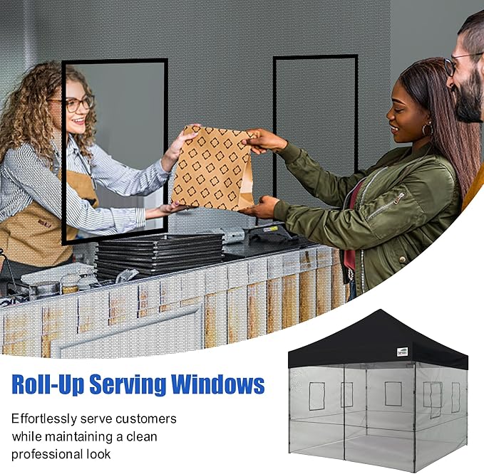 Eurmax USA 10'x10' Pop-up Canopy Tent Commercial Instant Canopies with 4 Removable Zipper End Food Service Wall kit and Roller Bag, Bonus 4 SandBags(Black)