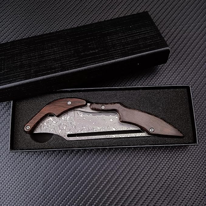 HUAAO Damascus Folding Knife, Yellow Sandalwood Handle with Mechanical Lock, Tactical Pocket Knife for Outdoor Camping Survival Hunting Self Defense Multitool