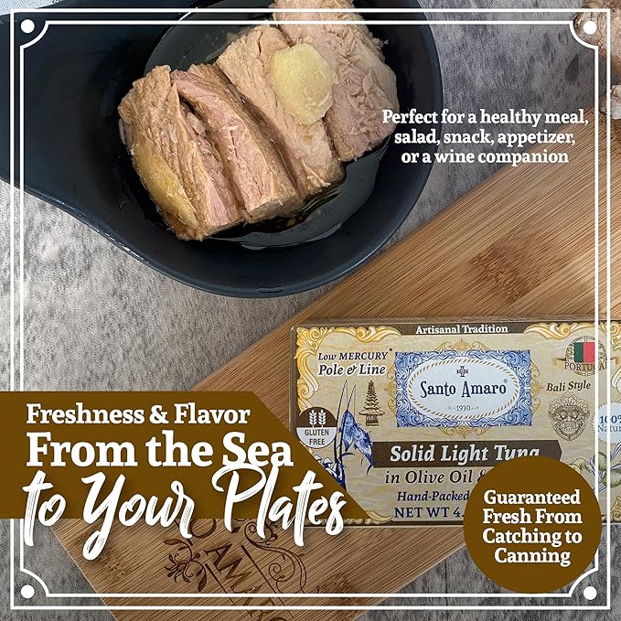 Santo Amaro - Artisanal Wild Tuna Fillets in Olive Oil & Ginger, Pole & Line Wild Caught Tuna from Portugal, Hand-Packed Bali-Style Canned Tuna Fish, 22g Protein, Paleo, Keto, Low Mercury, Pack of 6