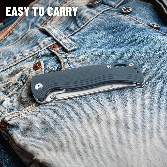 CJRB CUTLERY Pocket Knife Resource (J1932) Thumb Studs Folding Knife for Men AR-RPM9 Steel Blade and Grey Blue G10 Handle for Hinking Camping Work Outdoor