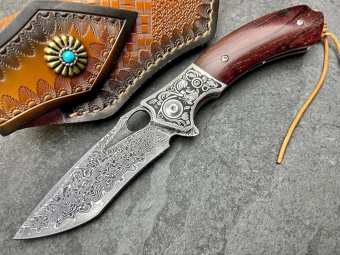 TACTICAL GEARZ Damascus Pocket Folding Knife, Natural Rosewood Handle, Damascus Steel Blade, Includes Custom Stitched Leather Sheath (Reno XT)