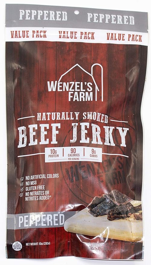 Wenzel's Farm Peppered Beef Jerky 10 oz. | Value Pack | Naturally Smoked | No MSG, Fillers, Binders, Artificial Colors | Gluten Free