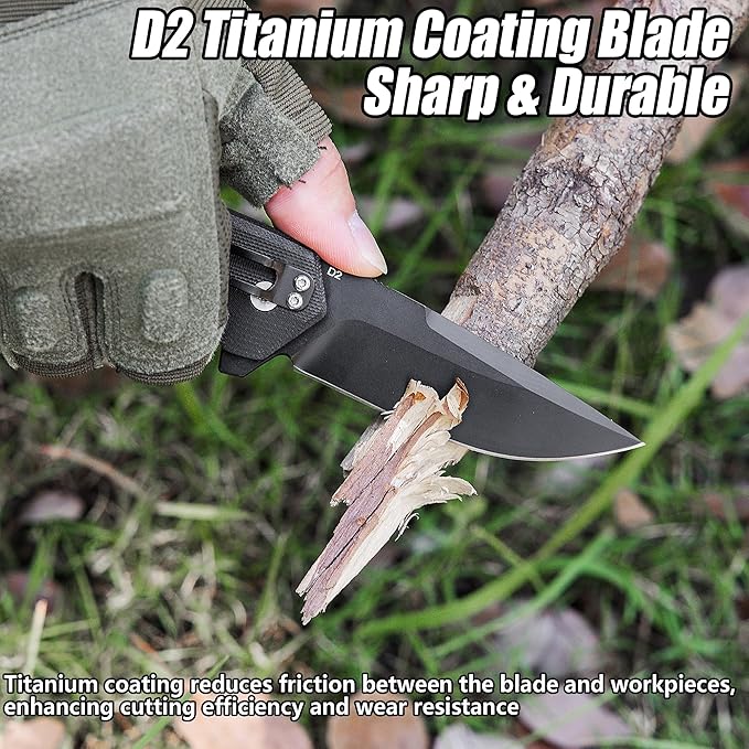 FLISSA Pocket Folding Knife, 3.2??D2 Blade G10 Handle EDC Knife with Button Lock and Pocket Clip for Hunting, Camping, Survival, Outdoor Activities(Black)