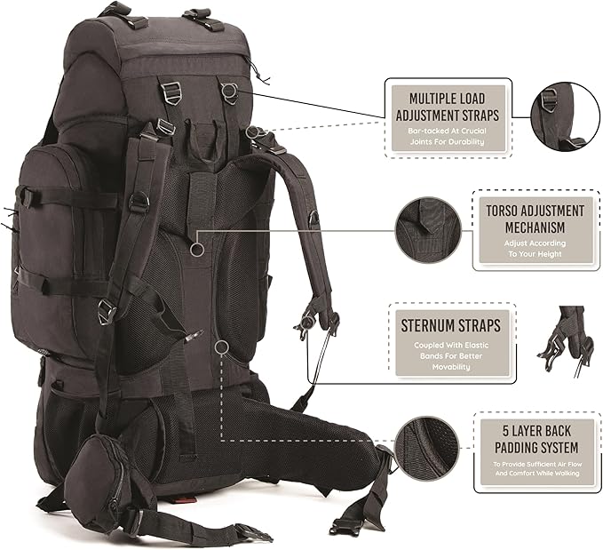 Tripole Colonel 80 Litres Internal Frame Trekking and Hiking Rucksack + Detachable Day Pack, Rain Cover, Black