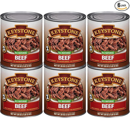 Keystone Meats All Natural Heat and Serve Canned Beef 28 oz – Fully Cooked Canned Meat – Ready to Eat – 5-Year Shelf Life – Pantry Staple for Everyday Meals, Emergency Survival Food – Made in USA – Pack of 6