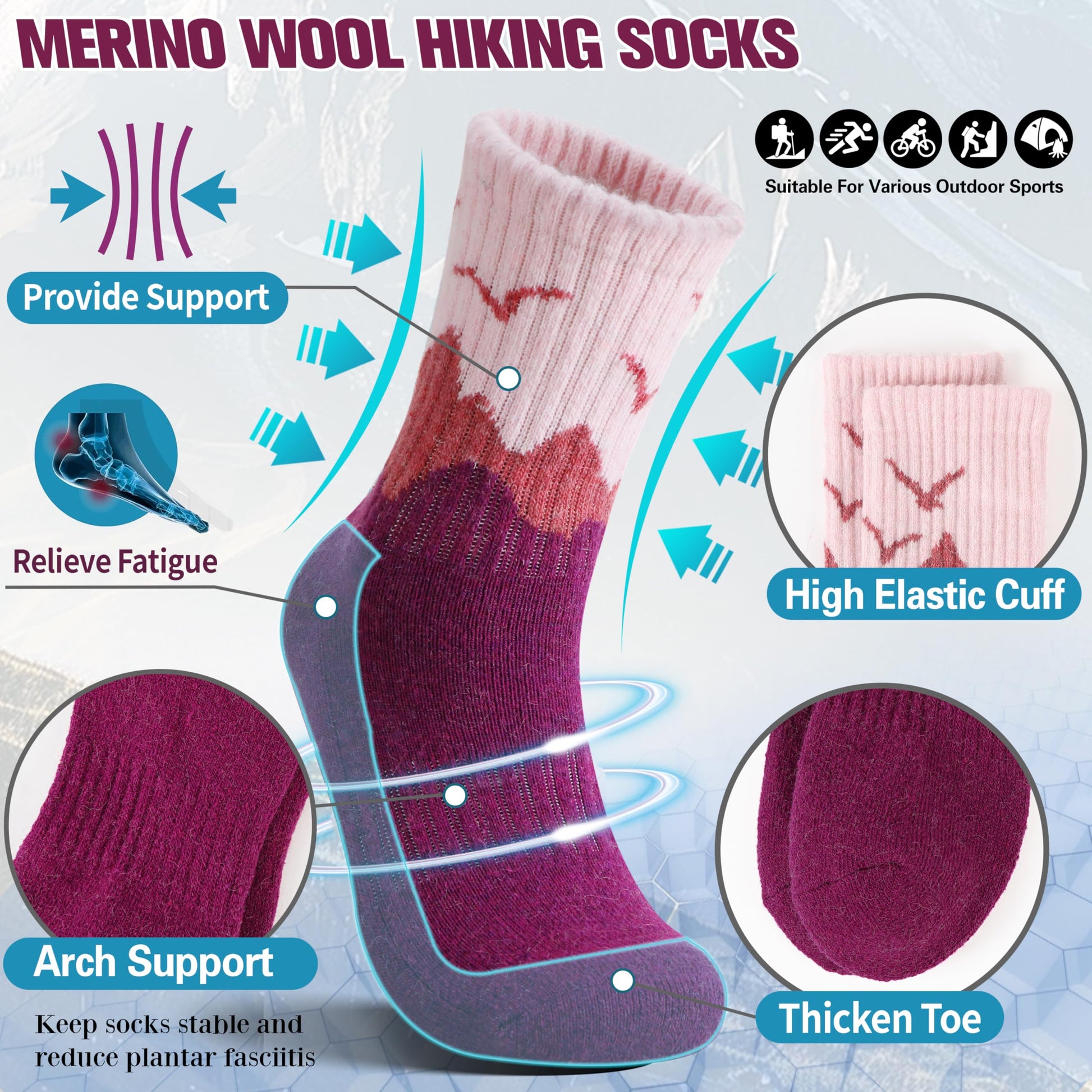 EBMORE Womens Merino Wool Hiking Socks Thermal Warm Winter Boot Crew Cushion Work Gift Socks 5