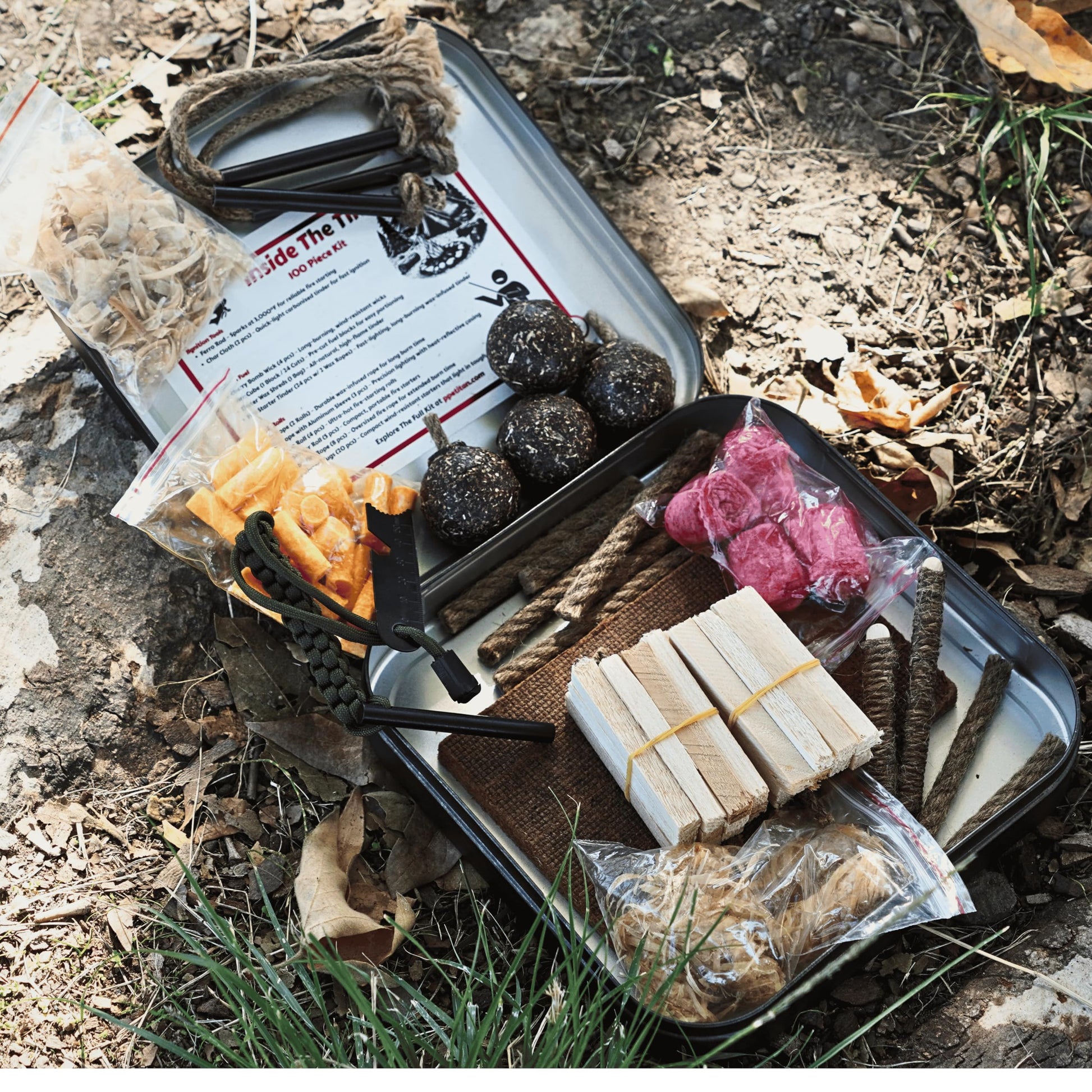TinFerno Fire Starting Kit – 100pc Fire Starter for Campfires, Ferro Rod, Magnesium Flint, Char