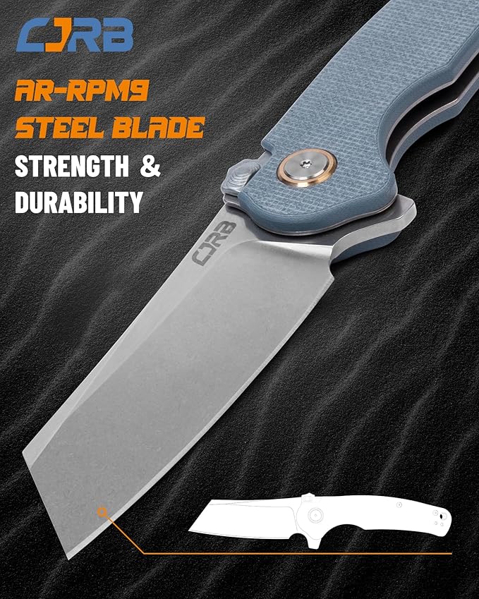 CJRB Crag Tactical Knife,Cleaver Pocket Folding Knife with Stonewash AR-RPM9 Steel Blade and G10 Handle for Men Outdoor, Survival, Camping and EDC (J1904R),Blue