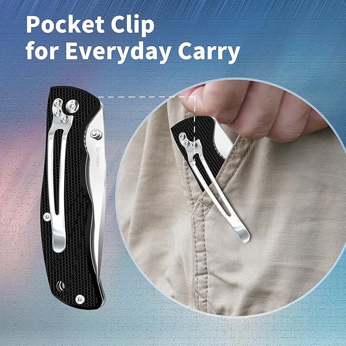 Vickay Pocket Knife for Men, Folding Knife with Clip, 3.74-inch 8Cr13MoV Steel Blade, G10 Handle EDC Knife for Outdoor Camping, Tactical, Hunting and Fishing Gift (Black)