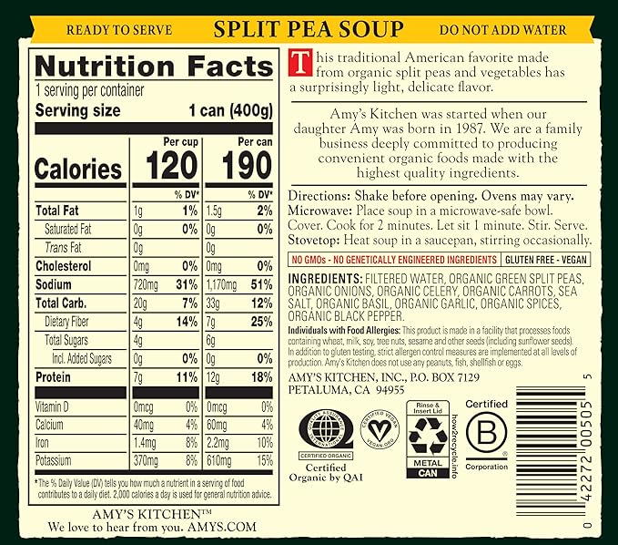 Amy's Soup, Vegan Split Pea Soup, Gluten Free, Made With Organic Split Peas and Vegetables, Canned Soups, 14.1 OZ (12 Pack)