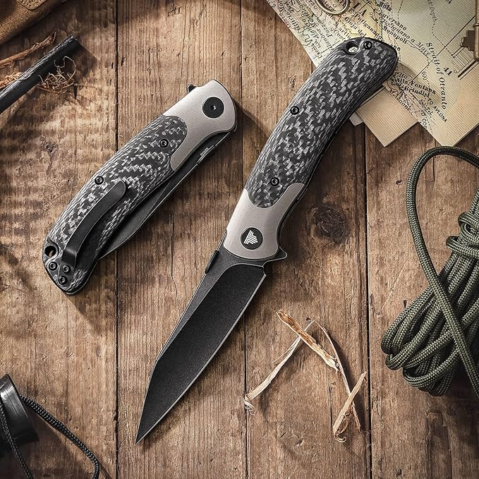 Folding Pocket Knife for Men, Flipper EDC Knife with Clip,3.66" S35VN Steel PVD Blackwash Wharncliffe Blade,Ti Thumb Stud, Ti Bolster & Carbon Fiber for Outdoor Camping, UMa-05B