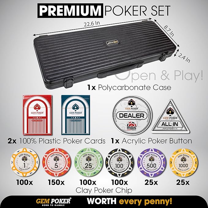 Luna 14 Gram Clay Poker Chips Set for Texas Hold’em, 500PCS Numbered Chips, Features a High-end Carrying Case with Strong Eva Foam Inside and German Polycarbonate Shell