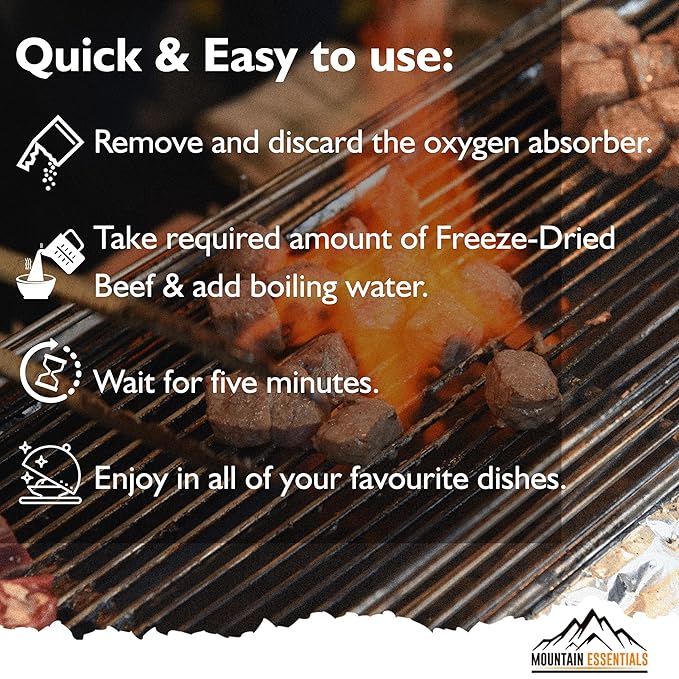 MOUNTAIN ESSENTIALS Freeze-Dried Diced Beef ??Fully Cooked Meat | Pre-Cooked | 240g High Protein Intake | 10 Servings | Ready-to-Eat Meal Prep | Pantry Staples, Daily Meals, Emergency Survival, Camping Food | 7-Year Shelf Life | Made in USA