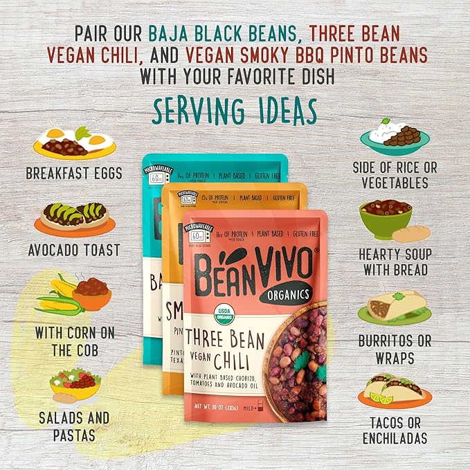 BeanVIVO - Variety 3 Pack (10 oz each) - Organic Baja Black Beans, Three Bean Vegan Chili, BBQ Pinto Beans - Seasoned & Ready to Eat, Plant Protein, Vegan, Gluten Free, Microwaveable, Instant Meals